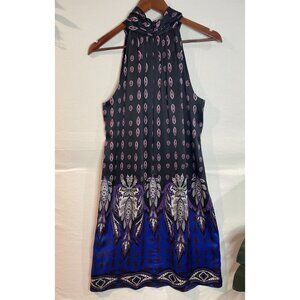 Vintage Sleeveless Silk Dress Black & Purple Paisley Print Halter Neck Size M